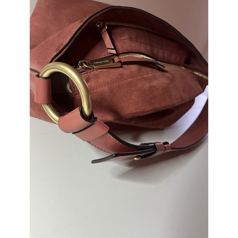 Michael Kors Brown Suede Hobo Bag Rust Color Gold Hardware Whipstitch Boho Large - Picture 6 of 13